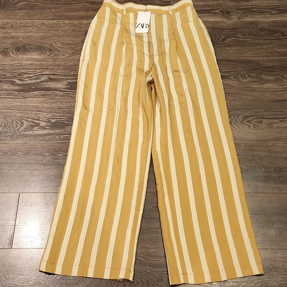 Zara Tan and Cream Striped Wide Leg Pants - Picture 4 of 14